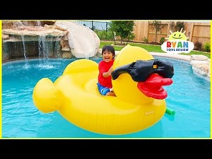 Ryan's Swimming Pool Playtime for the first time in our new house with water slides!!!