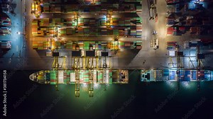 Time lapse Container , container ship in export and import business and logistics. Shipping cargo to harbor by crane. Water transport International. Aerial view and top view.
