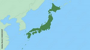 Map of Japan with pin of country capital. Japan Map with neighboring countries in green color.