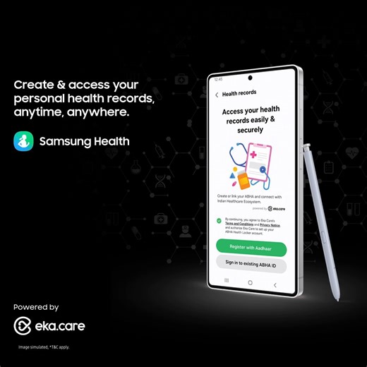 Transform the way you manage your health with #SamsungHealth. Digitize and access all your personal health data in one app. Link your ABHA account using your Aadhaar or mobile number—or create a new one effortlessly. Simplify your healthcare journey with Samsung Health. #PersonalHealthRecord #GalaxyAI | Samsung