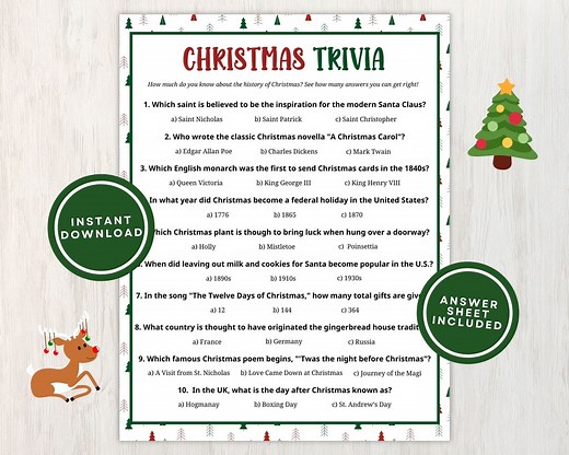 Printable Christmas Trivia Game for Adults and Kids, 10 Christmas Trivia Questions and Answers Great for Christmas Parties, Instant Download - Etsy