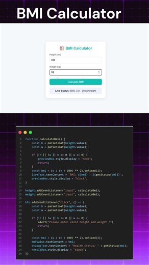 💪 BMI Calculator Using HTML, CSS & JS #coding #shorts