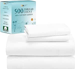 California Design Den Queen Size Sheet Set - 500 Thread Count Sateen, 100% Cotton Sheets, Deep Pockets Bedding Set with All Around Elastic for a Snug Fit - White