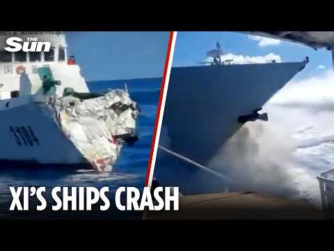 Moment Chinese ships CRASH while tailing Filipino boat in South China Sea