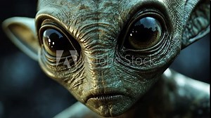A close-up of an alien's face, with large, dark eyes, wrinkled skin, and pointy ears