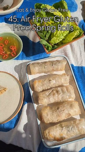 45/100 🥬AIR FRYER GLUTEN FREE SPRING ROLLS🥬 A super crispy, Vietnamese style spring roll using rice paper wrappers, and served with a nuoc cham dipping sauce. These are a lovely side dish and you'll find the recipe in my cookbook (in the Sensational Sides chapter) - serve them with fresh mint and lettuce cups for wrapping and dipping. It gives a wonderful hit of freshness alongside that crispy delicious spring roll. Enjoy! Laura xxx P.s. tomorrow we start the baking section of my book! Soooo m