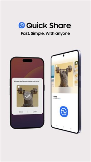 שיתוף קבצים מעולם לא היה קל יותר 🐱 השתמשו ב-#QuickShare ותוכלו להעביר קבצים גדולים בקלות, תוך שמירה על האיכות בקלות ובמהירות. ועכשיו גם למכשירים עם AirDrop® #GalaxyS26Ultra #AirDrop