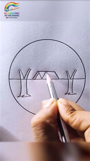 Easy Village Scenery Drawing in a Circle | Simple Nature Drawing Tutorial