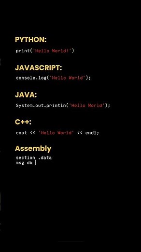 Hello World in 5 Languages JavaScript, Java, C++, Python & Assembly