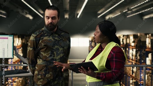 Military officer, defense logistics, distribution center operations, monitoring cargo transportation and shipment tracking on pc. Soldier and staff in uniform manages supply chain process.