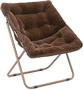 MoNiBloom Square Folding Faux Fur Saucer Chair for Bedroom Living Room Dorm Garden Courtyard Foldable Metal Frame Oversized Large Comfy Furry Padded Soft Lounge Lazy Cozy Moon Chair for Adults (Brown)