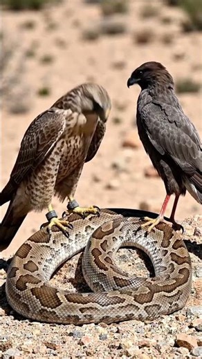 Prairie Falcon and Eurasian Hobby together hung dangerous Dessert Python