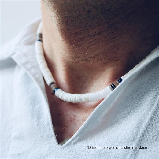 White Puka Shell Surfer Necklace. Beaded Heishi Shell Necklace for Men, Waterproof Jewelry. - Etsy