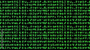 Motion graphics featuring lines of alien style hieroglyphs and written text rapidly changing in random sequences in small-sized green font - ideal for screen replacement content