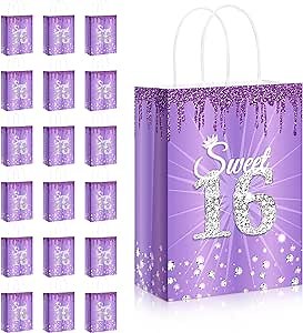 Teling 18 Pcs Sweet 16 Party Favors Sweet 16th Birthday Gift Bags Goodie Candy Treat Bags with Handle Decorations for 16th Birthday Party Supplies(Purple)