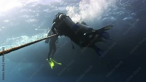The group of divers at decompression. Divers underwater decompression. Amazing, beautiful underwater world Bahamas and the life of its inhabitants, creatures and diving, travels with them.