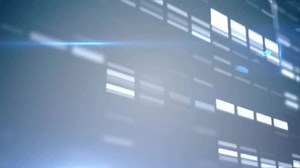 DNA sequencing animation with glowing letters over scientific data background. Genetics, bioinformatics, science, technology, laboratory, research