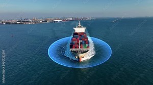 Futuristic Technology Autonomous Semi Cargo container ship with Sensors Scanning line effects concept digital cyber internet technology logistic export import transportation global business service