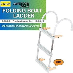 Anchor-Man Folding 3 Step Ladder for Fishing, Heavy-Duty Aluminum Pontoon Boat Ladder With Wide Steps, Ideal for Yacht, Dock, Etc
