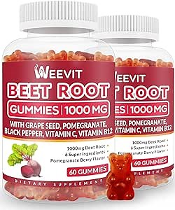 Beet Root Gummies, Nitric Oxide Supplement for Men Women | Organic Beet Gummy with Grape Seed, Pomegranate, Black Pepper, Vitamin C, B12