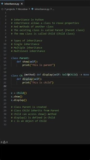 Python Inheritance Explained in 60 Seconds (Parent & Child Class Example)#hitcodear#coding#python