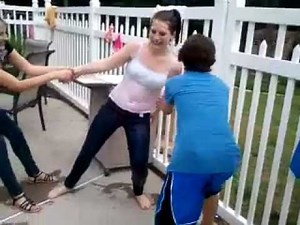 Pushing Kerrie in Pool