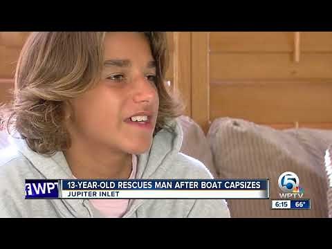 Boy helps rescue man after boat capsizes in the Jupiter Inlet