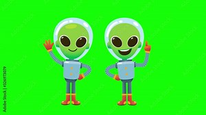 Alien cartoon characters waving hand and pointing up looping animation on green screen background