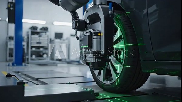 Video of a computerized wheel alignment station projecting laser calibration lines in a clean service bay environment, automotive diagnostics and precision engineering background for commercial use.