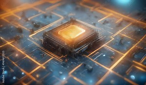 Digital Technology Conceptual Artwork Displaying a Central Processing Unit (CPU) with Glowing Orange Connectio