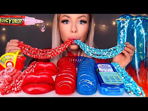 ASMR RED FOOD VS BLUE FOOD, GIANT GUMMY WORM, SOUR CANDY, WAX LIPS, SHEET JELLY, CANDY MUKBANG 먹방