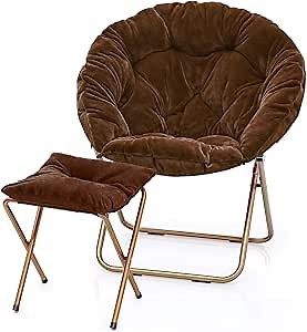 MoNiBloom Round Folding Faux Fur Saucer Chair for Bedroom Living Room Dorm Foldable Metal Frame Oversized Large Comfy Furry Padded Soft Cozy Moon Chair with Footrest Ottoman for Adults (Brown)