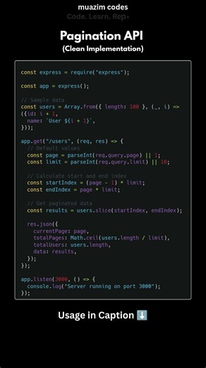 📄 Pagination API (Clean Implementation) #coding #backend #nodejs