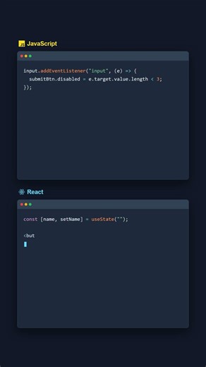 Disabled Button: JavaScript vs React\n\nReact simplifies validation-driven buttons by deriving the dis