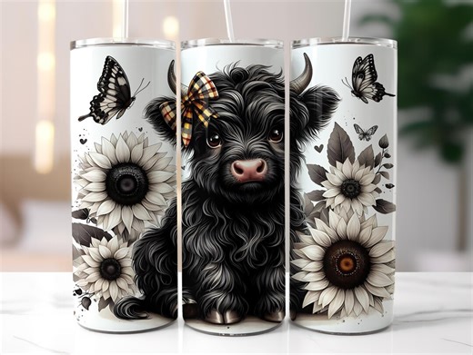 Black and White Highland Cow Flower Tumbler Sublimation Design, Baby Highland Cow Sunflowers Tumbler Wrap, Spring Highland Cow Digital Png - Etsy