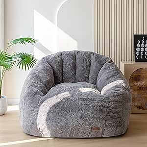 MAXYOYO Giant Bean Bag Chair, Oversized Bean Bag Couch for Adults and Kids, Faux Fur Shell-Shaped Large Chair with Filler, Stuffed Big Accent Sofa Lounge Floor Sofa for Reading, Dark Grey, Standard