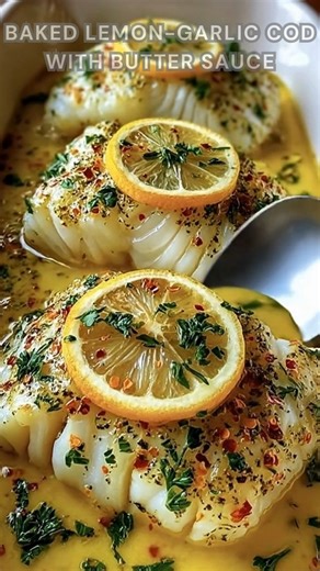 Cod fillets drizzled with lemon juice, garlic, and melted butter. Bake at 400°F for 15 minutes until tender, flaky, and infused with zesty flavor. Light, buttery, and perfectly balanced this lemon-garlic cod melts in your mouth with every bite. 🐟 Ingredients ➤ 1½ lbs cod loin fillet, patted dry ➤ Salt and pepper, to taste ➤ 2 tbsp olive oil ➤ 4 tbsp lemon juice (from 1–2 lemons) ➤ 4 cloves garlic, minced ➤ ¼ cup butter, diced ➤ 1 tbsp chopped fresh parsley (optional) FULLL Recipe in First Cօʍʍе