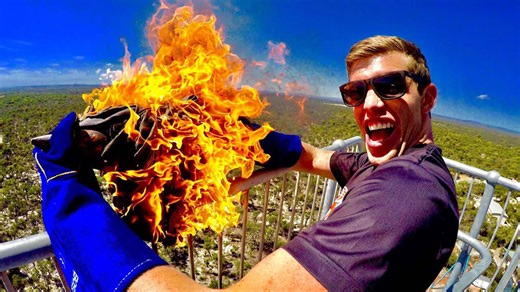 What happens when a burning anvil hits a fire extinguisher from 150 feet