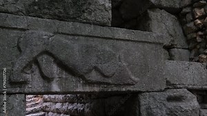 Ruins of Great Basilica in Butrint National Park, Buthrotum, Albania. Triconch Palace at Butrint Life and death of an ancient Roman house Historical medieval Venetian Tower surrounded. High quality