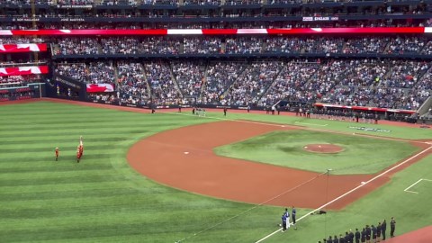 RCMP color guard, Canadian national anthem before ALCS Game 2 Mariners at Blue Jays
