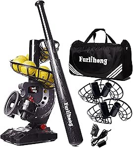 Furlihong Electronic Baseball Pitching Machine Set, Adjustable Angles, Timer and Speed, AC Adapter or Battery Powered, Comes with Bat, 8 Dimpled Balls, 4 Extra Stackers and Carrying Bag