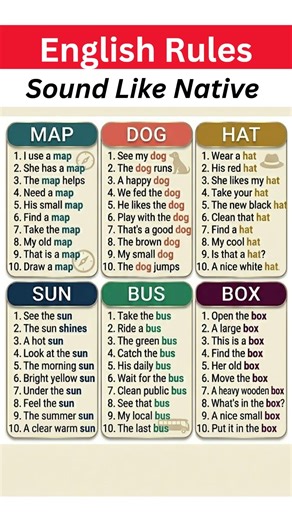 English Vocabulary for Beginners Daily Use Words (Map, Dog, Hat, Sun, Bus, Box with Easy Sentences