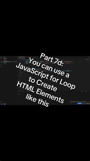 Part 7d: A real world example of how we use a JavaScript ‘for’ loop to create HTML elements on the Front End. In this video, I take things a step further by using a JavaScript loop to dynamically create HTML car card elements. I start with an array of car data and use that loop to build simple car cards right in the DOM. If you’re learning how to connect JavaScript logic with real HTML output, this is a great place to start. It’s all about bringing data to life on the page! #javascript #html #fo