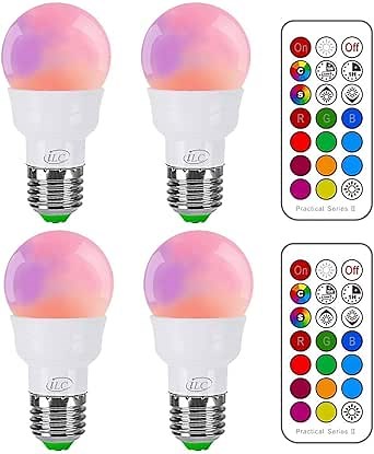 ILC RGB LED Light Bulb, Color Changing 40W Equivalent, 5700K Daylight White, 450LM 5W E26 Screw Base RGBW, Mood Light Bulb - 12 Color Choices - Timing Infrared Remote Control Included (4 Pack)