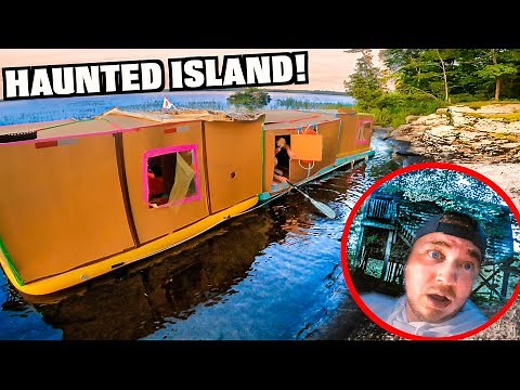 BOX FORT House Boat On A LAKE! Exploring Haunted Island Cardboard Boat (24 Hour Challenge)