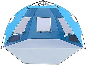 ALPHA CAMP Instant Beach Sunshade Pop Up Sun Shelter Tent, UV Protection with 3 Ventilating Windows, Extended Zippered Porch Included