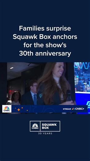 To celebrate the 30th anniversary of "Squawk Box," the families of anchors Andrew Ross Sorkin, Becky Quick and Joe Kernen surprised them live on air. | CNBC