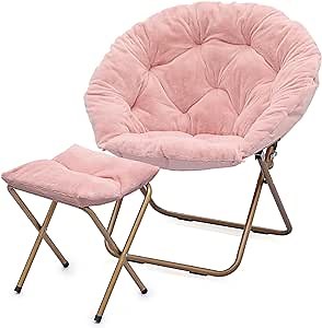 MoNiBloom Round Folding Faux Fur Saucer Chair for Bedroom Living Room Dorm Foldable Metal Frame Oversized Large Comfy Furry Padded Soft Cozy Moon Chair with Footrest Ottoman for Adults (Pink)